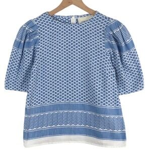 SUMMERY Copenhagen Marie Top Sz XS Blue White Geometric 100% Cotton Puff Sleeve